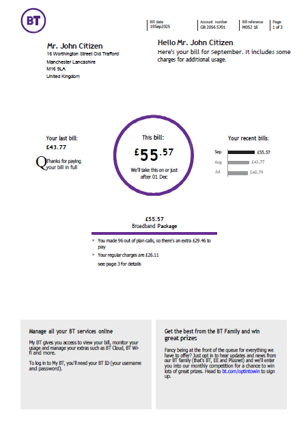United Kingdom BT utility bill template in Word and PDF formats